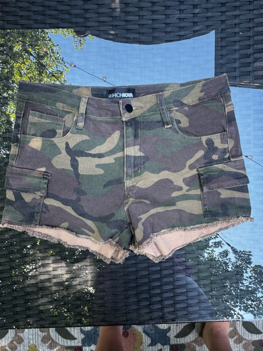 Never Worn Fashion Nova Camo Cargo Denim Shorts - Olive Green - Picture 5 of 5